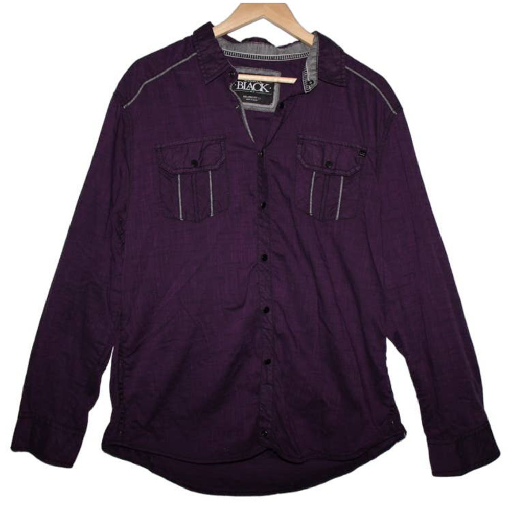 Men's Buckle Black Purple Gray Cotton Long Sleeve Button Down Shirt Size Large